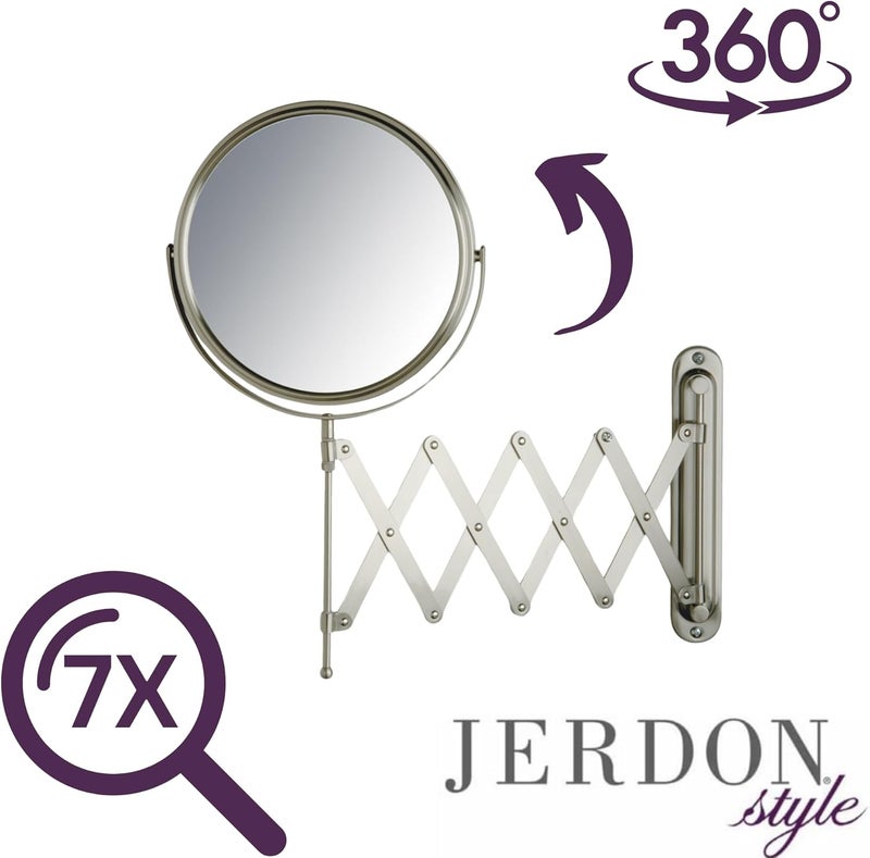 Jerdon Two-Sided Wall-Mounted Makeup Mirror with 7X Magnification and Extendable Arm - 8-Inch Diameter Nickel Finish - Image 3