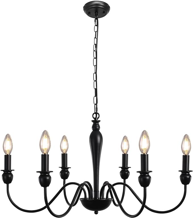 MRHYSWD Black Chandelier, 6 Lights Metal Vintage Chandeliers Ceiling Lights Living Room Bedroom Kitchen Hall, Vintage Pendant Light with E14 Socket - Height Adjustment - Without Bulbs - Image 1