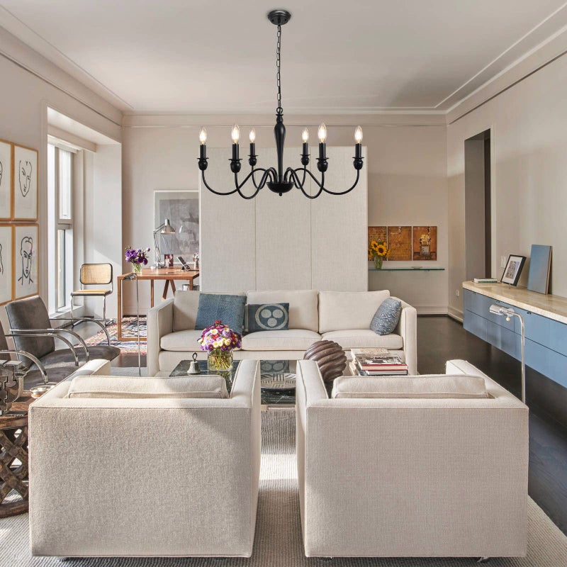 MRHYSWD Black Chandelier, 6 Lights Metal Vintage Chandeliers Ceiling Lights Living Room Bedroom Kitchen Hall, Vintage Pendant Light with E14 Socket - Height Adjustment - Without Bulbs - Image 2