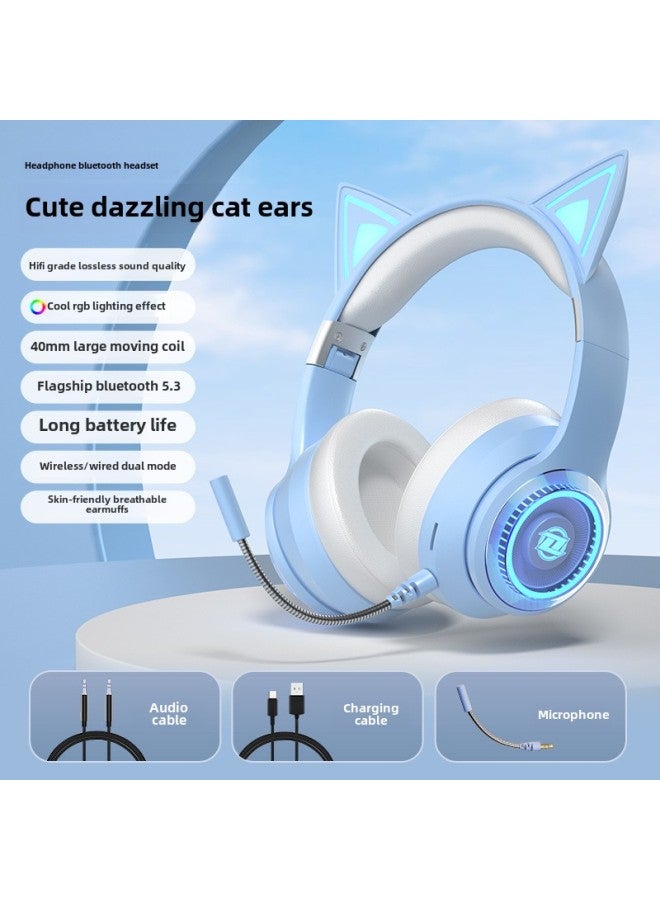 Berlin Voice Luminous Cat Ear Headset Bluetooth Headset Wireless With Mac Game Music Headset For Girls-Color:Sky Blue [extreme Edition] Bluetooth 5.3+3d Crystal Three-dimensional Lighting Effect + Dolby Surround Heavy Bass Effect - Official Standard Configuration  - Image 1