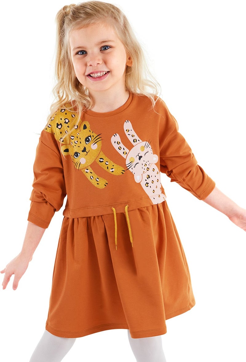 Denokids Orange Leopard Elastic Waist Long Sleeve Girl Dress  - Image 1