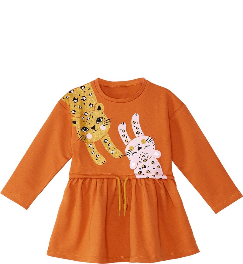 Denokids Orange Leopard Elastic Waist Long Sleeve Girl Dress  - Image 4