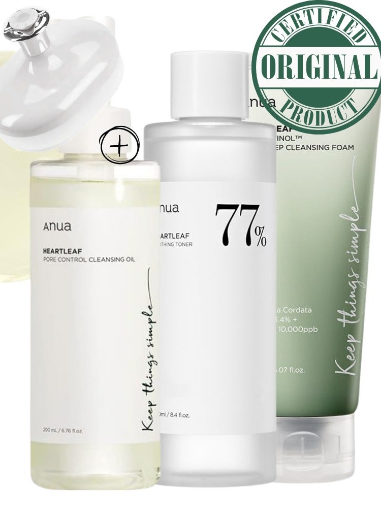 Anua Heartleaf Pore Purifying Skincare Set - Pore Control Cleansing Oil - Quercetinol Deep Cleansing Foam - and 77 Soothing Toner for Clear - Balanced - and Hydrated Skin - Face Scrubber - 600ml - Image 2