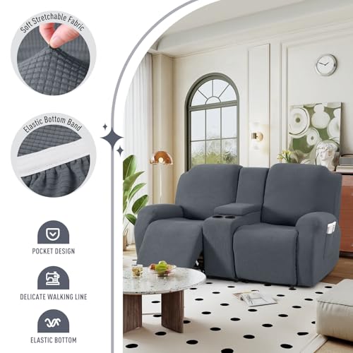 TAOCOCO Loveseat Recliner Cover with Middle Console, Stretch Loveseat Cover for 2 Seat Recliner Couch, Jacquard Reclining Sofa Covers Loveseat Slipcover Furniture Protector, Grey - Image 3