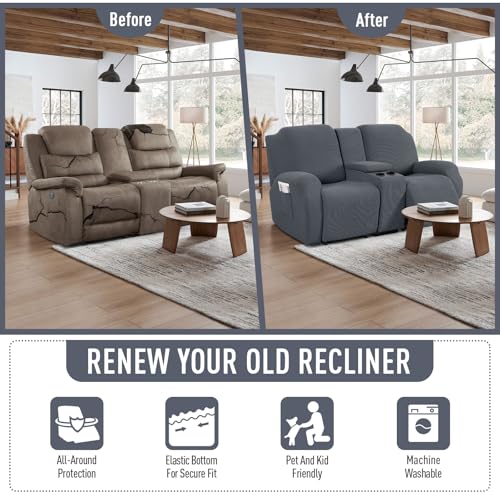 TAOCOCO Loveseat Recliner Cover with Middle Console, Stretch Loveseat Cover for 2 Seat Recliner Couch, Jacquard Reclining Sofa Covers Loveseat Slipcover Furniture Protector, Grey - Image 4