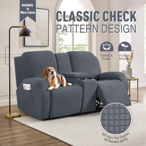 TAOCOCO Loveseat Recliner Cover with Middle Console, Stretch Loveseat Cover for 2 Seat Recliner Couch, Jacquard Reclining Sofa Covers Loveseat Slipcover Furniture Protector, Grey - Image 2