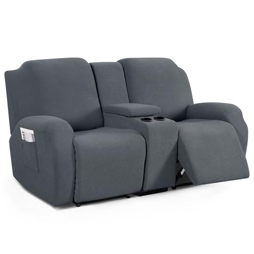 TAOCOCO Loveseat Recliner Cover with Middle Console, Stretch Loveseat Cover for 2 Seat Recliner Couch, Jacquard Reclining Sofa Covers Loveseat Slipcover Furniture Protector, Grey - Image 1