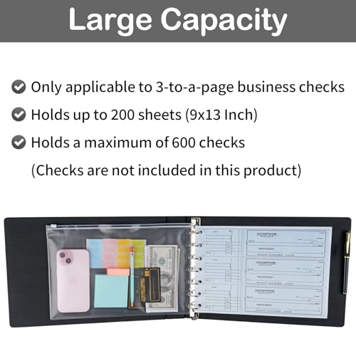 MOWPOG Professional 7 Ring Business Checkbook Binder, Premium PU Leather Organizer for 3-On-A-Page Checks, Perfect for Business and Personal Finances, Fits 9x13 Inch Sheets, 600 Check Capacity - Image 3