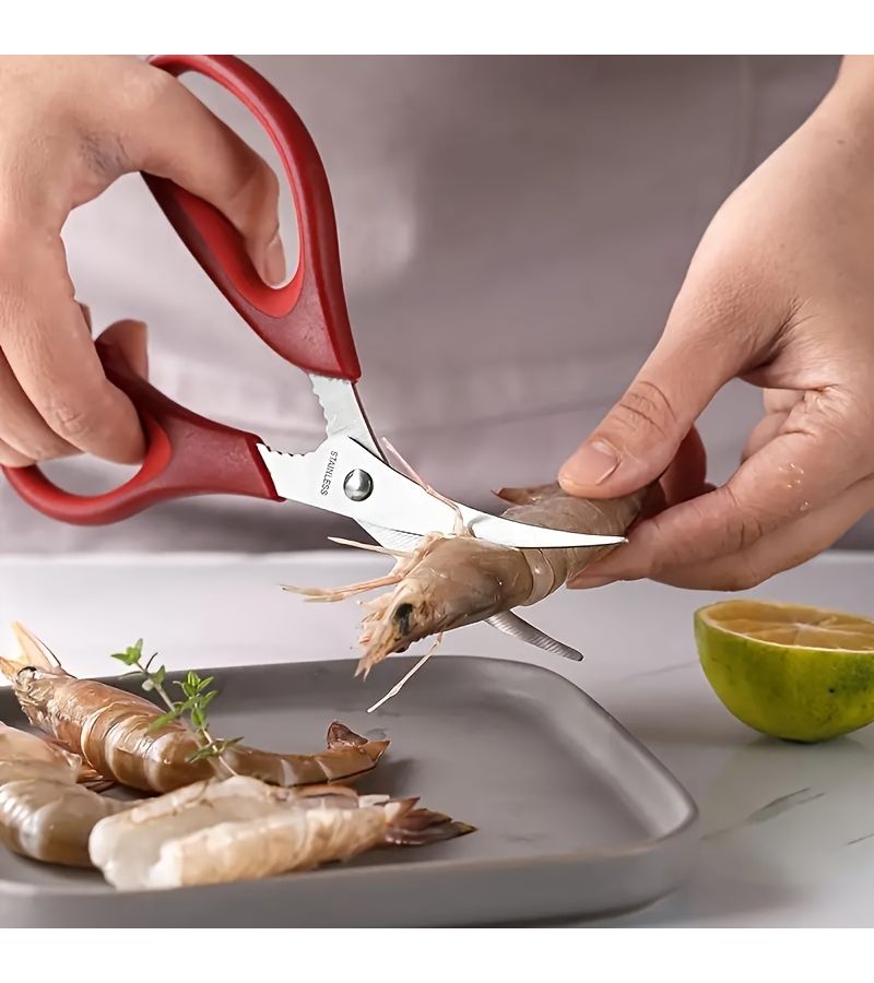 Red Stainless Steel Shrimp Deveining Kitchen Scissors Ergonomic Handle Seafood Preparation Tool - Image 5