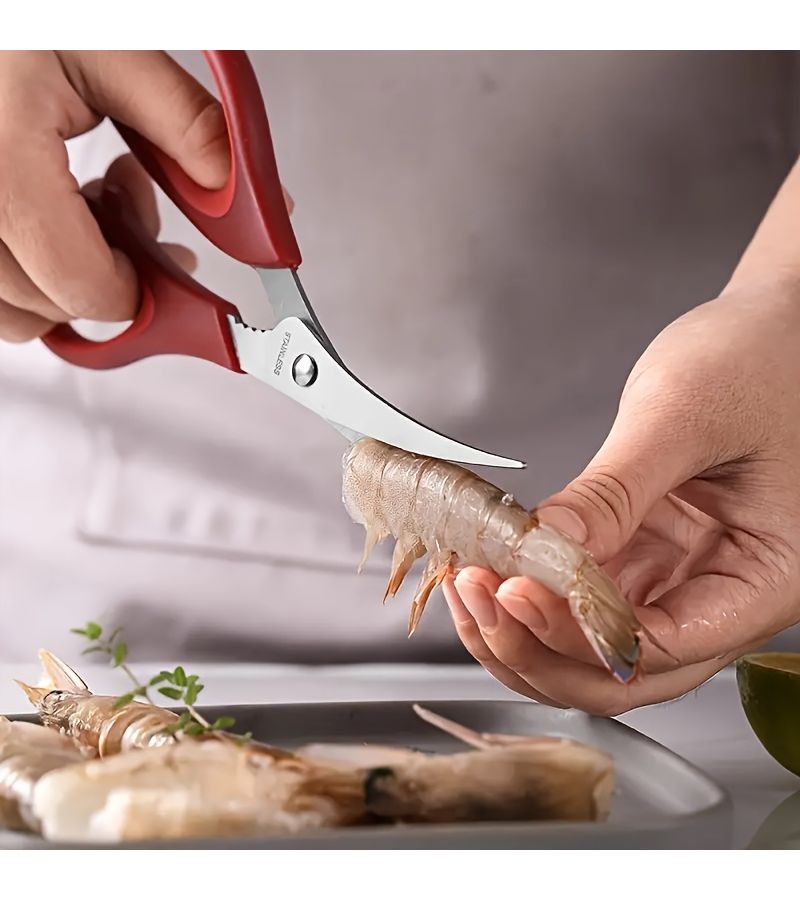 Red Stainless Steel Shrimp Deveining Kitchen Scissors Ergonomic Handle Seafood Preparation Tool - Image 1