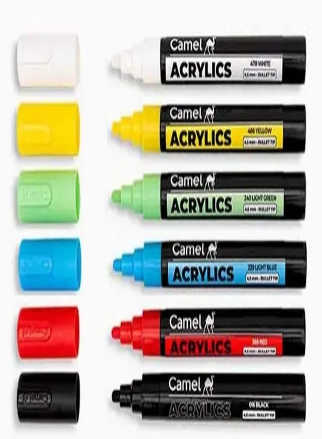 Camel Acrylic Marker Assorted Colour Pack OF 6 Shades, 4.5mm Bullet Tip, For Use Water Based Ink, Sketching, Doodling On Canvas, Wood, Ceramic, Plastic - Image 2