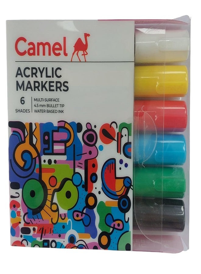 Camel Acrylic Marker Assorted Colour Pack OF 6 Shades, 4.5mm Bullet Tip, For Use Water Based Ink, Sketching, Doodling On Canvas, Wood, Ceramic, Plastic - Image 1