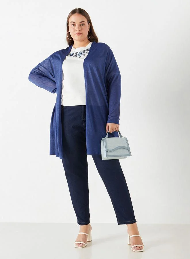 Ulla Popken Plus Size Ulla Popken Textured Open Front Shrug with Long Sleeves and Pockets
