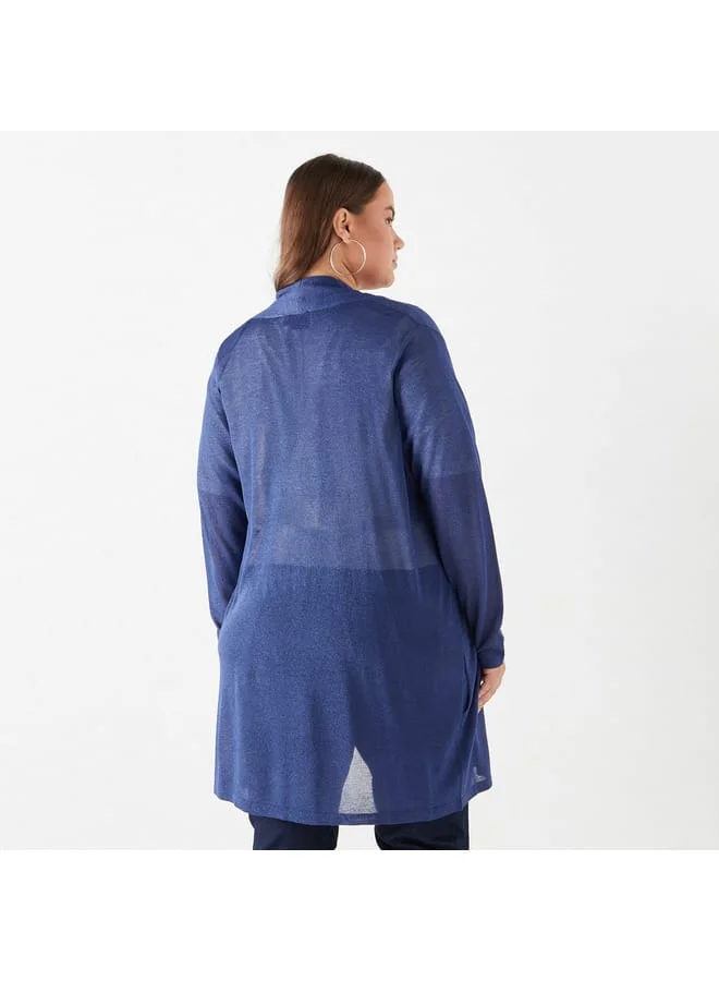 Ulla Popken Plus Size Ulla Popken Textured Open Front Shrug with Long Sleeves and Pockets