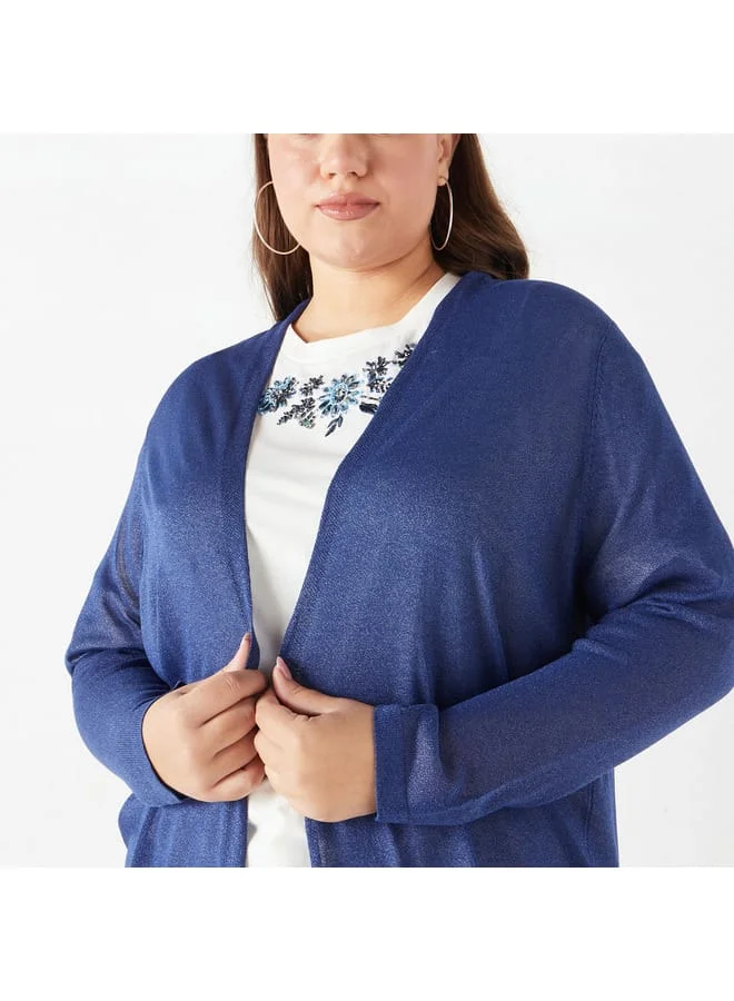 Ulla Popken Plus Size Ulla Popken Textured Open Front Shrug with Long Sleeves and Pockets