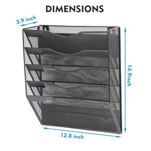 EASEPRES Magnetic 5 Pocket Mesh Hanging File Organizer, Wall Mounted Mail Paper Document Folder Holder, Clipboard Storage Organization Magazine Rack with Nametag Label for Office Home School, Black - Image 3