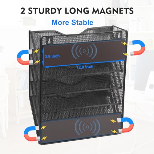 EASEPRES Magnetic 5 Pocket Mesh Hanging File Organizer, Wall Mounted Mail Paper Document Folder Holder, Clipboard Storage Organization Magazine Rack with Nametag Label for Office Home School, Black - Image 2