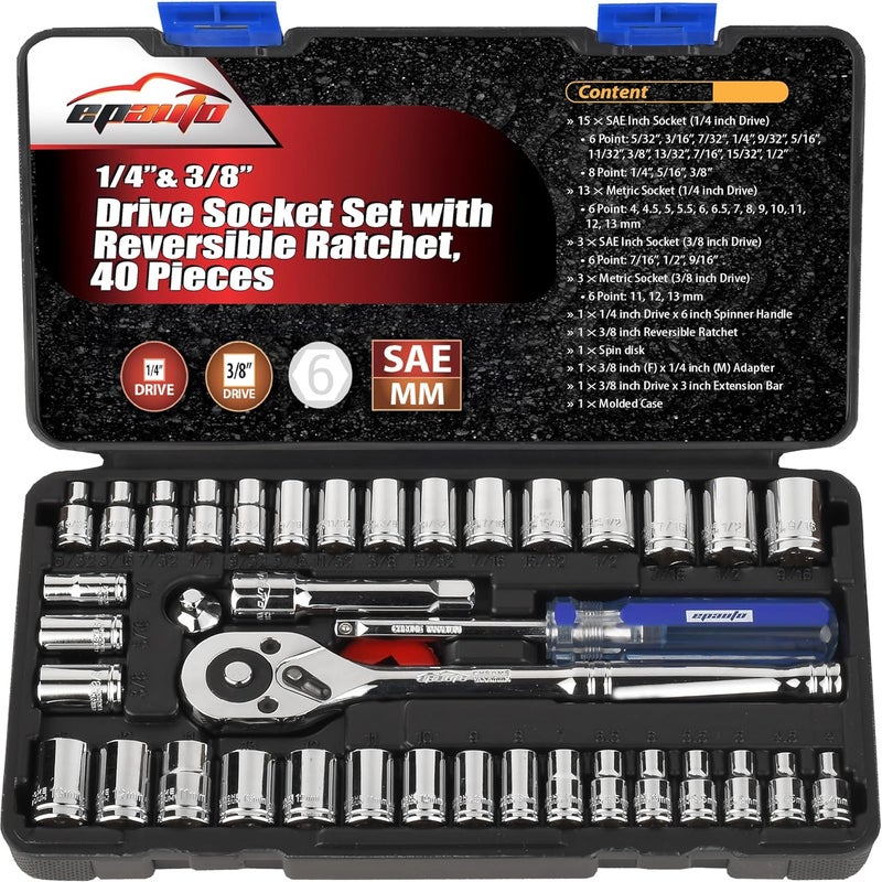 EPAuto 40 Pieces 1/4-Inch & 3/8-Inch Drive Socket Set with 72 Tooth Reversible Ratchet - Image 1