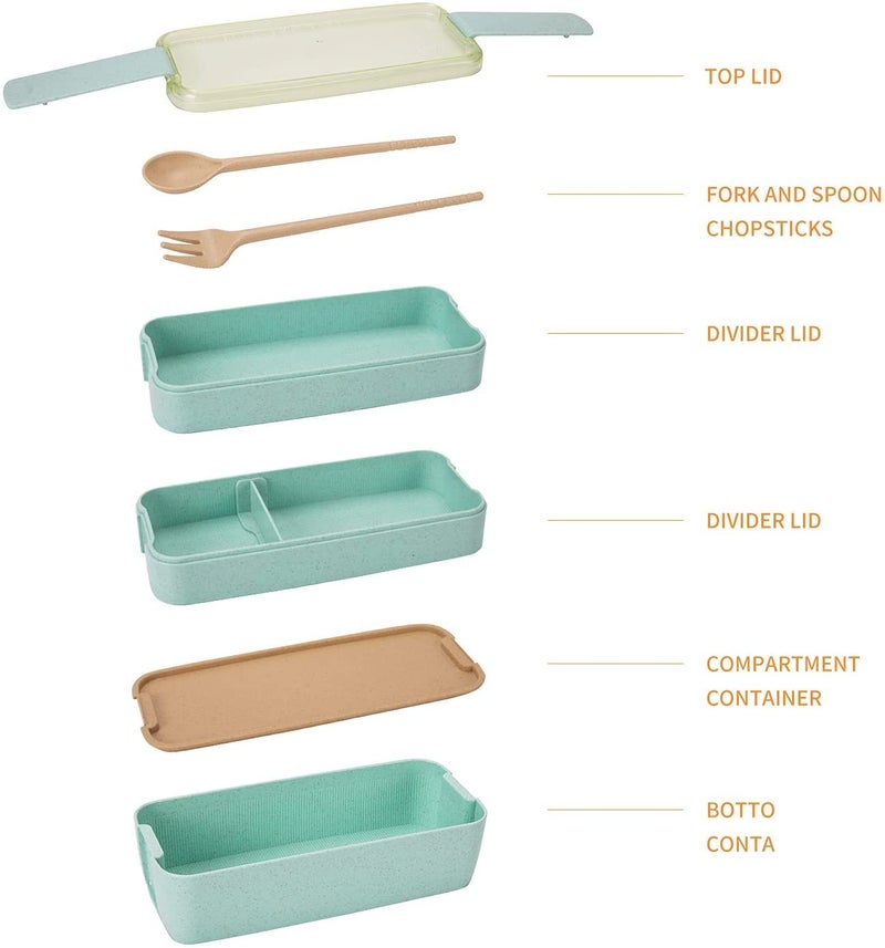 Rarapop 3 Pack Stackable Bento Box Adult Japanese Lunch Box Kit with Spoon & Fork, 3-In-1 Compartment Wheat Straw Meal Prep Containers (Green/Pink/Beige) - Image 2