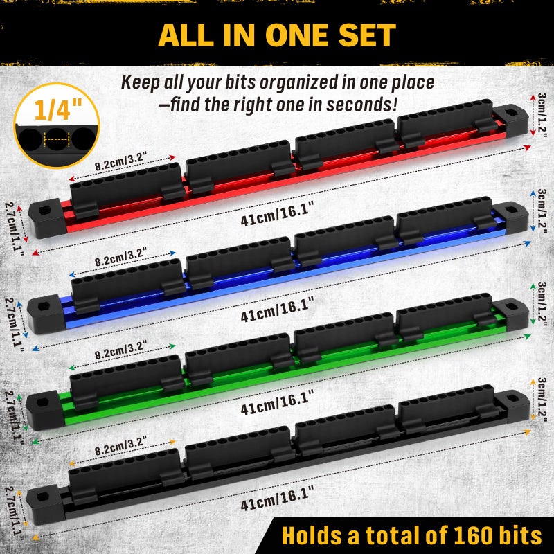 ELEAD 4PCS Magnetic Slidable Drill Bit Holder, 160 Holes Bit Storage with Strong Magnetic Rail, Screwdriver Drill Bit Organizer for Your Specialty(Bits Not Included) - Image 2