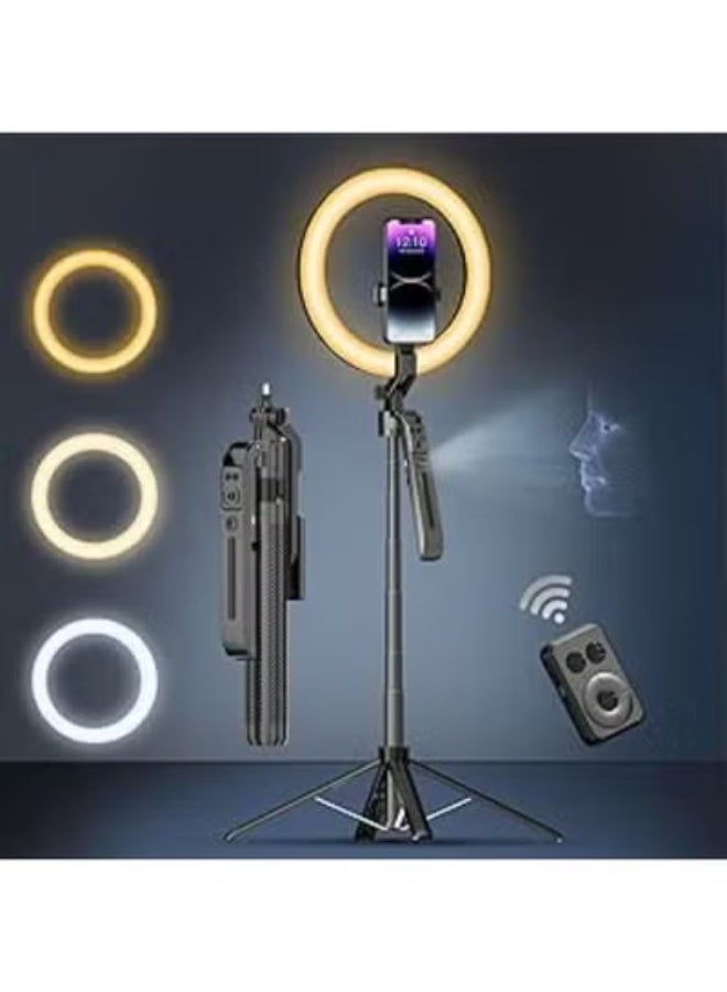 حامل ذكي بالتتبع التلقائي 360 درجة مع رينج لايت 10 بوصة - تحكم بالإيماءات وكاميرا تتبع AI - عصا سيلفي وريموت كنترول لصناع المحتوى والبث المباشر - Image 1