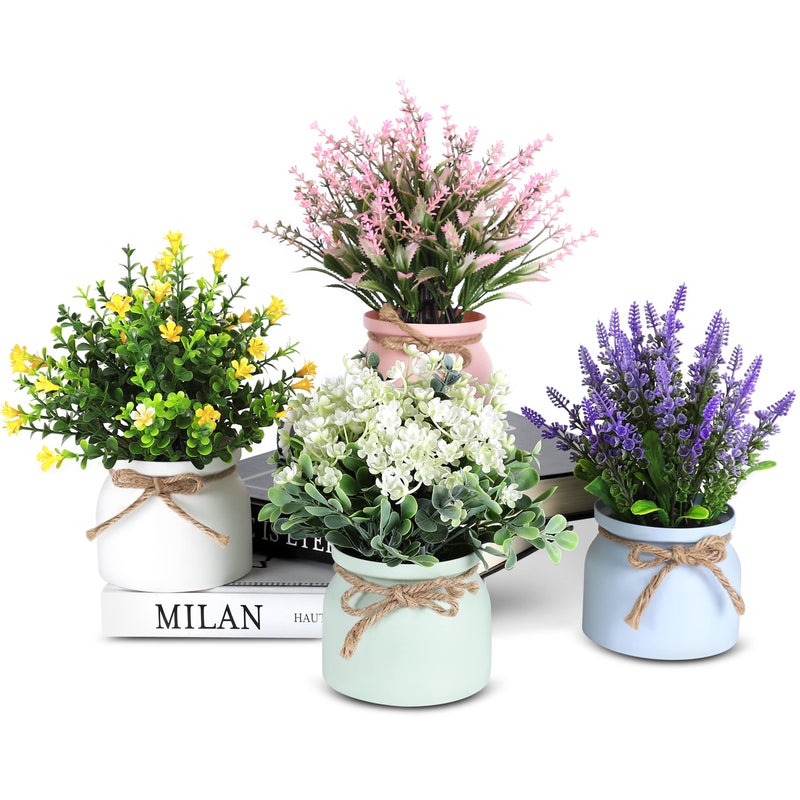 WOODWORD WOODWORD Fake Potted Plants - 4pcs Artificial Plants & Flowers in Macaron Pot Small Faux Plants Indoor Fake Plant  - Image 1