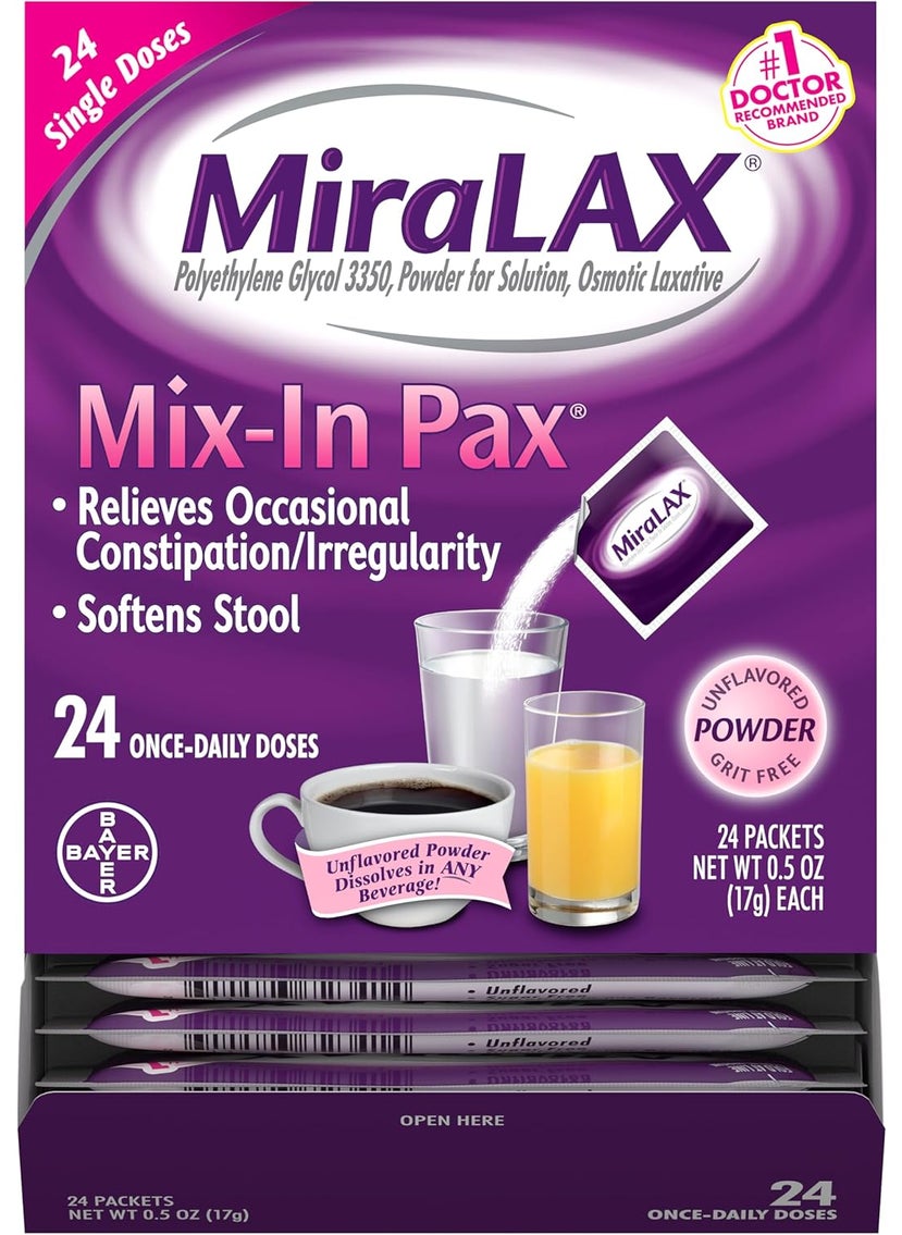 MiraLAX MiraLAX Gentle Constipation Relief Laxative Powder, Stool Softener with PEG 3350, No Harsh Side Effects, 1 Doctor & OBGYN Recommended, Single Dose Mix-in Pax, Travel Pack, 24 Dose 
