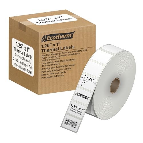 Ecotherm 1.25" x 1" Thermal Labels | 6 Rolls | 14040 Labels | fits Zebra, Godex, Arkscan, iDPRT, Offnova Thermal Label Printers and More | Blank White Adhesive Stickers by Ecotherm - Image 1