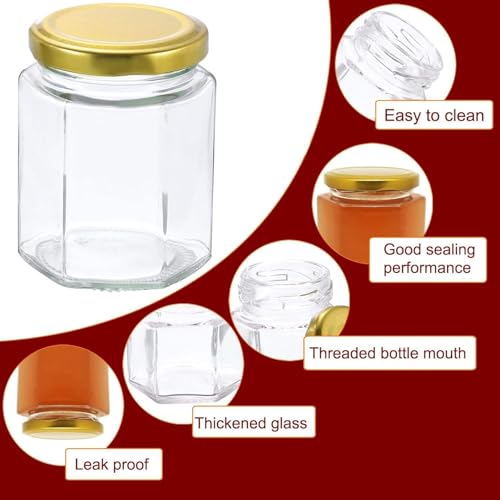 MACHAK Hexagon Glass Jar Glass Container For Storage Set of 8 With Rust Proof Air Tight Lid, 260ml - Image 3