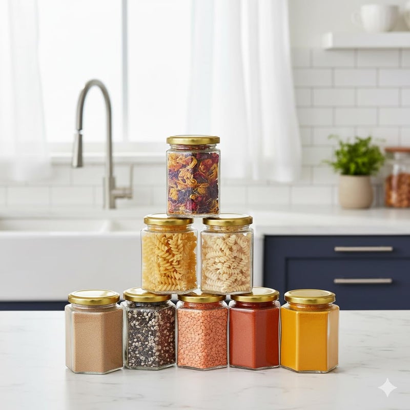MACHAK Hexagon Glass Jar Glass Container For Storage Set of 8 With Rust Proof Air Tight Lid, 260ml - Image 5