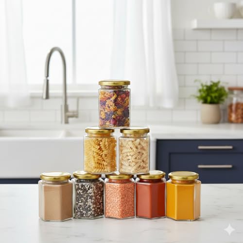 MACHAK Hexagon Glass Jar Glass Container For Storage Set of 8 With Rust Proof Air Tight Lid, 260ml - Image 1