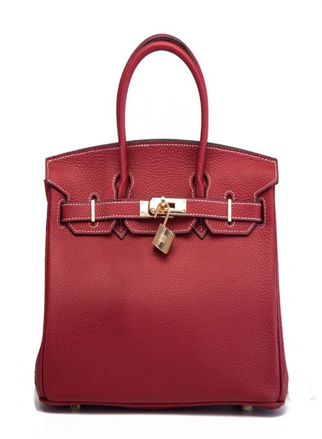 Loquat Gold Buckle Leather Handbag Wine Red And White Thread  - Image 1