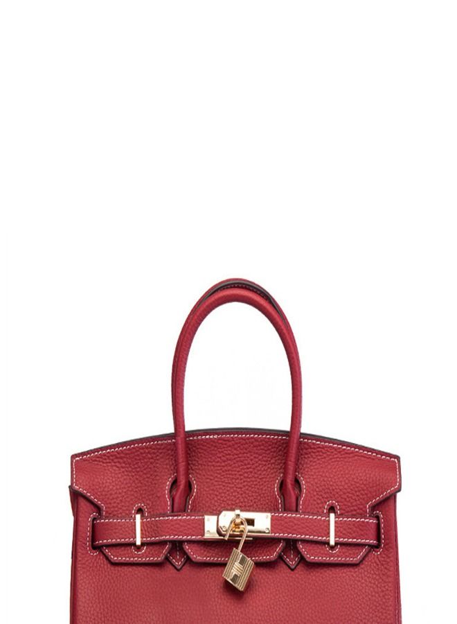 Loquat Gold Buckle Leather Handbag Wine Red And White Thread  - Image 2