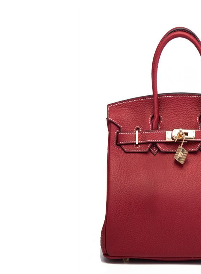 Loquat Gold Buckle Leather Handbag Wine Red And White Thread  - Image 3