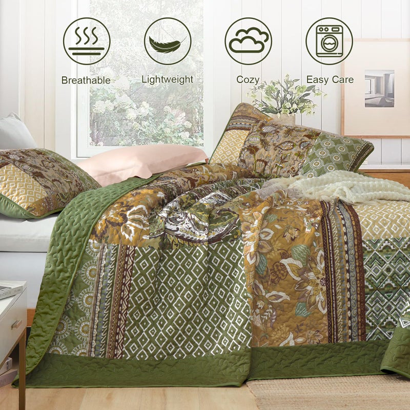 DJY Patchwork Quilt Set King Size - Olive Green Boho Bedspread Coverlet Set, Farmhouse Floral Quilted Bedding Set, 3 Pieces Reversible Bohemian Vintage Paisley Pattern Bed Cover for All Season 110''x90'' - Image 3