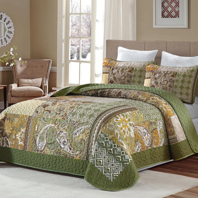 DJY Patchwork Quilt Set King Size - Olive Green Boho Bedspread Coverlet Set, Farmhouse Floral Quilted Bedding Set, 3 Pieces Reversible Bohemian Vintage Paisley Pattern Bed Cover for All Season 110''x90'' - Image 2