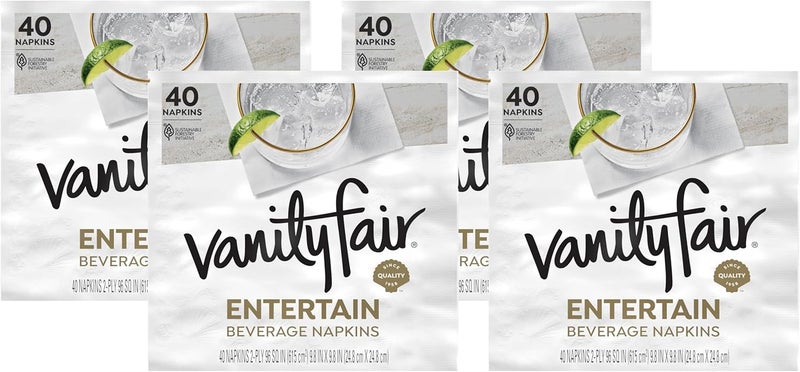 Vanity Fair Entertain Beverage Paper Napkins, White, 2-Ply, 40 Count, 4.9" x 4.9", Disposable Napkins for Entertaining (Pack of 4) - Image 1