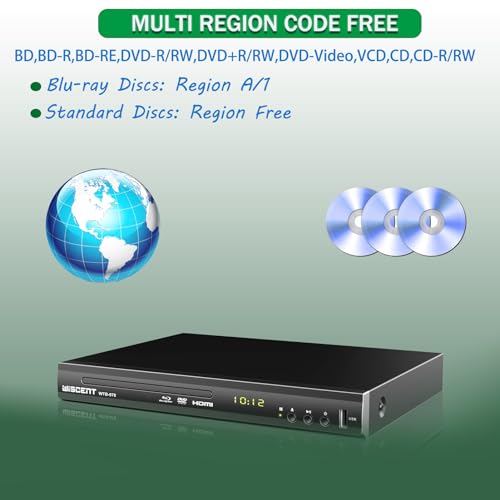 WISCENT Blu Ray DVD Player, WISCENT Full HD 1080p Home Theater Disc System, Region A/1 Blu-Rays,HD Blu-Ray DVD Player for TV with Coaxial Audio/HDMI/AV/Output, USB Input, Built-in PAL NTSC - Image 5
