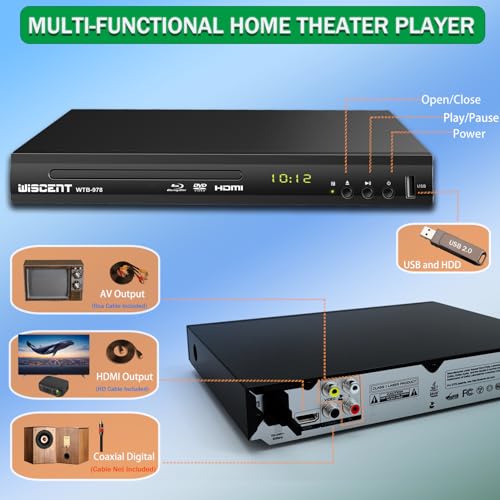 WISCENT Blu Ray DVD Player, WISCENT Full HD 1080p Home Theater Disc System, Region A/1 Blu-Rays,HD Blu-Ray DVD Player for TV with Coaxial Audio/HDMI/AV/Output, USB Input, Built-in PAL NTSC - Image 4
