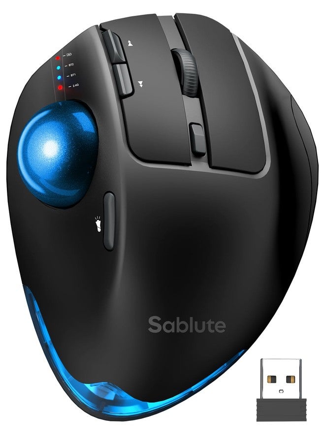 SABLUTE Wireless Trackball Mouse, Ergonomic Bluetooth Rechargeable Computer Mouse, Backlit Rollerball Thumb Laptop mice with 5 Level DPI, Adjustable Angle, 3 Devices Connection for PC, Windows - Blue Ball - Image 1