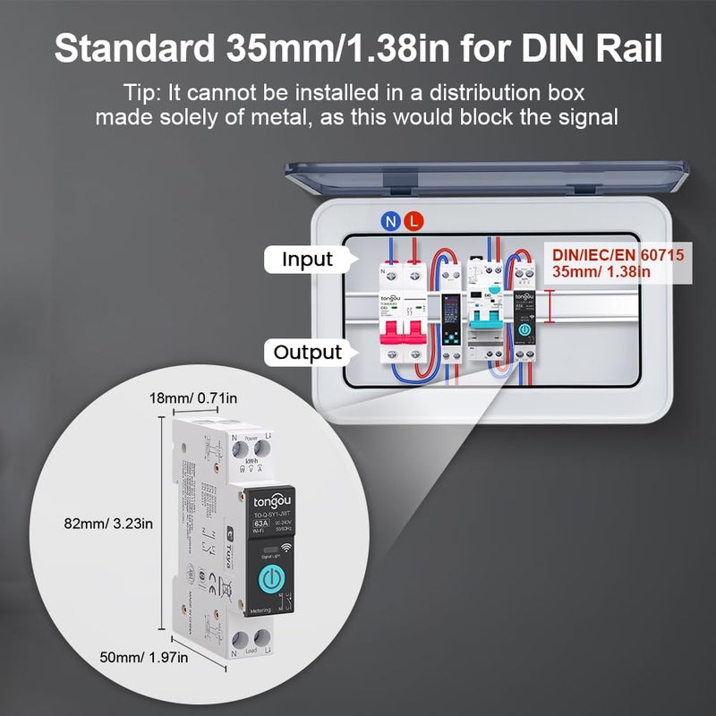 tongou DIY 1P+N Smart Wi-Fi Switch, Work with Alexa and Google Assistant for Voice Control, 63A with Energy Monitor, Smart Life/Tuya APP Remote Control, Timer Functions, DIN Rail Mounted- HIVAGI - Image 2