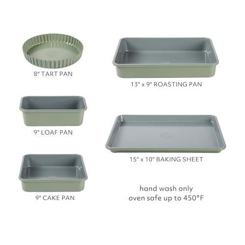 Sur La Table Kitchen Essential Carbon Steel Baking Pans Bakeware Set W/Premium PFOA, PFAS, PTFE Free Grey Non stick - Juniper Green Exterior - Image 3