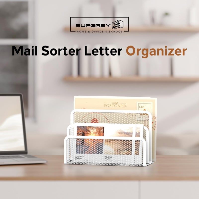SUPEASY Mail Organizer for Desk, Mesh Metal Mail Holder Countertop with 3-Slot, Letter Sorter File Holder, Office Envelope Organizer for Mails (White) - Image 2