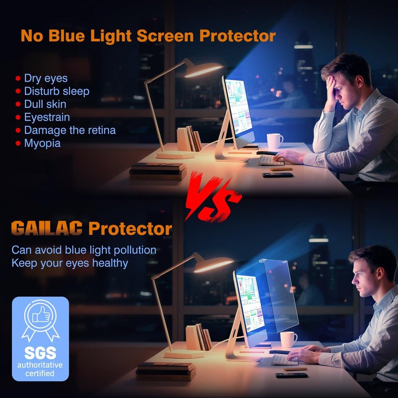 Gailac Anti Blue Light & Anti Glare Screen Protector,23-24 Inch Monitor Screen Protector for Eyes Strain,Hanging Computer Screen Blue Light Blocker for LCD TV PC Monitors(1 Pack: 23"-24" Diagonal) - Image 2