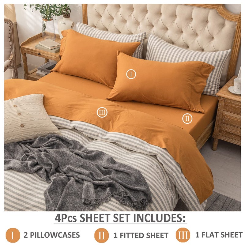 PURE ERA PURE ERA Jersey Knit 4pc Bed Sheet Set 100% T-Shirt Heather Cotton Super Soft Comfy Breathable Fits Mattress Up to 20"" Extra Deep Pocket (Solid Burnt Orange  King)  - Image 2