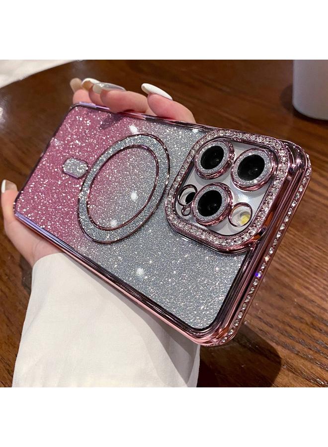 For iPhone 15 Pro Max Diamond Gradient Glitter Plated MagSafe Phone Case(Pink) 