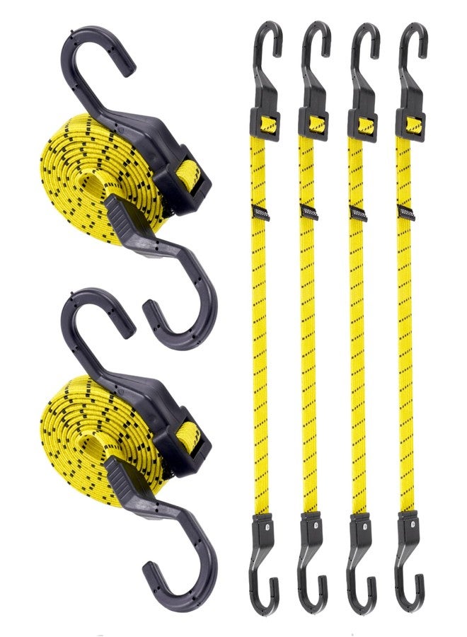 LuckyStraps 48 Inch Flat Adjustable Bungee Cords with 190 Lbs Max Break Strength & Easy-to-Adjust Metal Buckle, Outdoor Bungee Straps with Hooks for Camping, Tarps, Bike Rack, Tent, Truck, etc (6 Pcs) - Image 1
