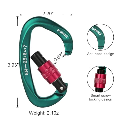 Proberos® Climbing Carabiner Clip, Snap Hook Clip D-Shape Screwgate Locking Carabiner Clip 25KN Heavy Duty Aviation Aluminum Carabiner, for Various Climbing Activities, 10 x 5.8 cm - Image 2
