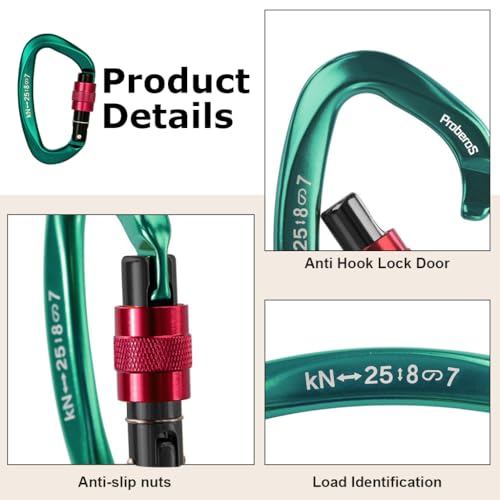 Proberos® Climbing Carabiner Clip, Snap Hook Clip D-Shape Screwgate Locking Carabiner Clip 25KN Heavy Duty Aviation Aluminum Carabiner, for Various Climbing Activities, 10 x 5.8 cm - Image 5
