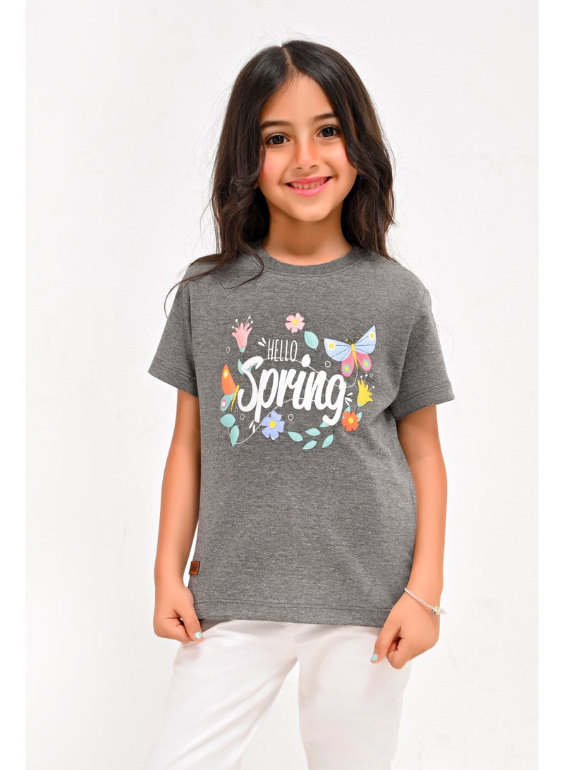 تي شيرت بناتي بطبعة Hello Spring - بأكمام قصيرة - Image 1